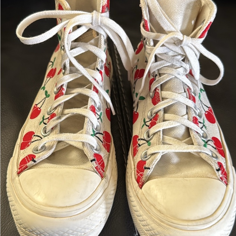 Converse White Sneakers with Red and Green Cherry Design
